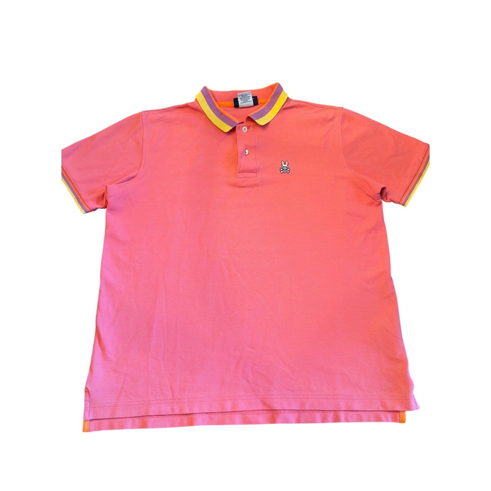 Psycho Bunny Mens XL Coral Pink Pima Cotton Striped Trim Polo Shirt Size 6